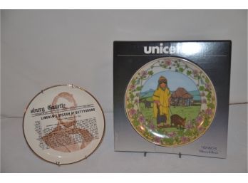 (#12) Villeroy And Boch Unicef 8' Plates In Box And 7' Plate Lincoln Speech At Gettysburg