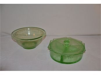 (#1) Green Depression Covered Divided Candy Dish And Fancy Bowl