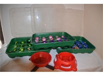 (#16) Christmas Colored Ornaments Balls In Storage Cases With Plastic Tree Stands
