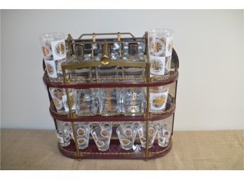 Vintage MCM Barware Gold Medallion Glasses, Liquor Decanters (bourdon, Scotch, Rye) Metal Wall Hanging Caddy