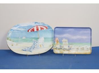 (#359 (2) Plastic Beach Scene Trays/ (1) 15 1/2' Oval & (1) 12 12' X  8 12' Rectangle Tray
