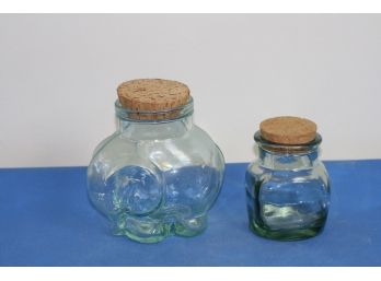 (#357)  2 Glass Storage Canisters With Cork Stoppers/ (1) Elephant  Made In Italy & (1) Small Glass Jar Pier
