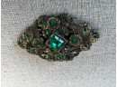(#36) Vintage Pin Bronze Tone Emerald Green Rhine Stone (one Stone Missing) 2.5'