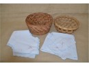 (#255) Wicker Baskets Set Of 2 Bread Basket Linen Embroidered Bread Napkins