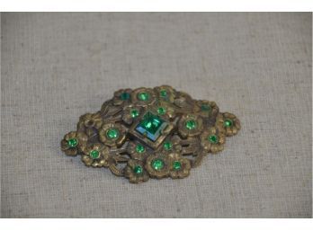 (#36) Vintage Pin Bronze Tone Emerald Green Rhine Stone (one Stone Missing) 2.5'