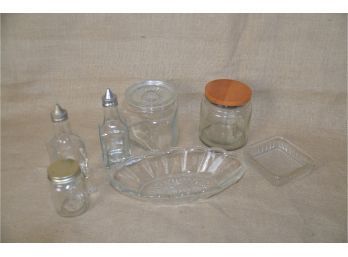 (#227) Assorted 7 Glassware Items: Canisters, Oil & Vinegar, Relish Dish