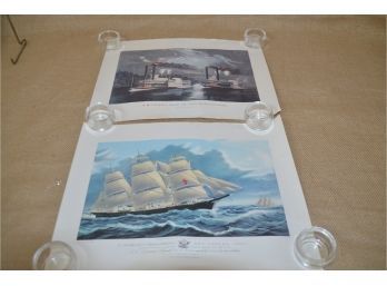 (#270) Vintage Unframed Set Of 2 Currier & Ives Nautical Theme 'Steamboat' And 'Clipper Ship' Prints 14x9.5