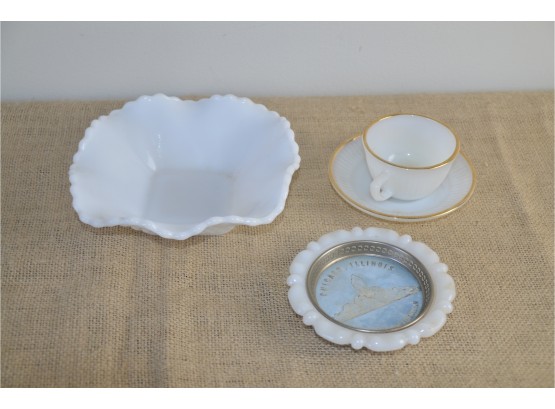 Milk Glass Scolloped Bowl And Fire King Expresso Cup And Saucer