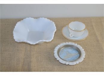 Milk Glass Scolloped Bowl And Fire King Expresso Cup And Saucer
