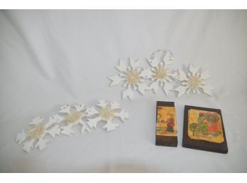 (#28) Wood Snow Flake Wall Hanging 17' Lot Of 2 And Vintage Home Made Wood Decorative Plaques
