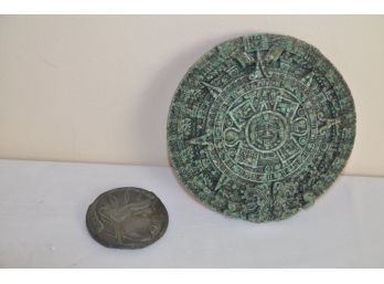 (#33) Aztec Malachite Stone Traditional Aztec Sun Calendar Plaque And Metal Copper Paper Weight