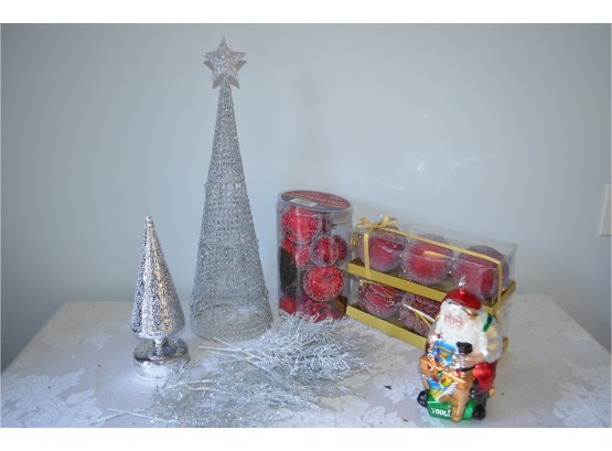 Christmas Decor - Department 56 Santa Ornament, Silver Tree, Lighted Tree, (2) Apple Ornaments (#46/36)