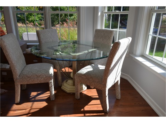 Glass Top 54' Round Kitchen / Dining Table And 4 Off White Upholstered High-back Chairs - Excellent