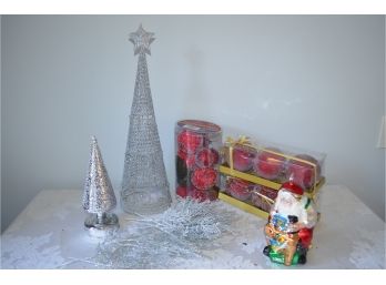 Christmas Decor - Department 56 Santa Ornament, Silver Tree, Lighted Tree, (2) Apple Ornaments (#46/36)