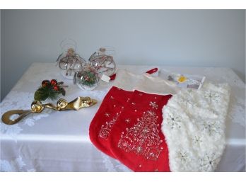 (1) Christmas Light Up Stocking, (2) Red Stockings,  (3) Glass Light Up Ornaments, (#50/40)