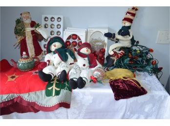 Christmas Decor (4) Boxes Ornaments, (3) Snowmen, Santa, Lights, (#31/21)