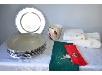 (10) Silver Charger Plates, (4) Bowls, Towels, #8