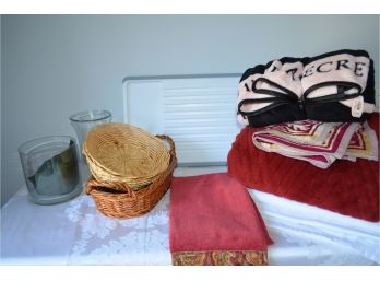 Throw Blanket, 2 White Table Linens, Bath Hand Towel, Wicker Baskets, Glass Vase #15
