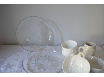 Ceramic Blessed Pumpkin Bowls (2),  White (2) Ceramic Onion Soup, (2) Glass Plates #16