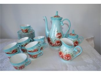 Hand Painted Portugal Demitasse Set 10 Cups And Sauces, Sugar And Creamer, Coffee Pot #1