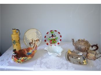 Christmas Decor, 2 Silverplate Teapot And Creamer, Ceramic Turkey Bowl, Pewter Bowl (#53/43)
