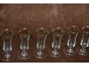 (#103) Clear Glass SHAMROCKS Decal Gold Rim 3' Set Of 6 CORDIALS And Set Of 2 BRANDY Glasses 4'