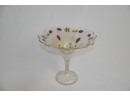 (#50) Vintage Glass Stemmed Compote Hand-Painted Strawberry Design - Crack On Rim 9'H - See Pictures