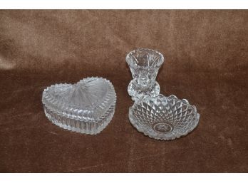 (#22) Lot Of 3 Glass Decor: Cover Heart Trinket ~ Bud Vase ~ Trinket Ring Dish 4'