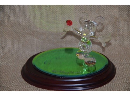 (#109) Clear Glass Walt Disney World Minnie Mouse Figurine With Rose On Wooden Base 5.5'H