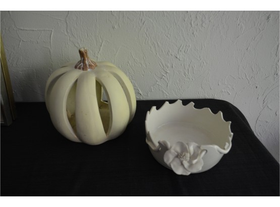Clay Pumpkin Decor And Ceramic Bowl