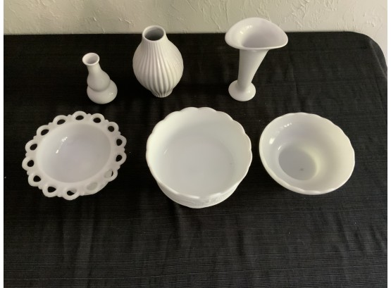3- Milk Glass  & 3- Ceramic Vases