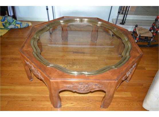 46' Round Coffee Table Top Glass With Brass Trim Wood Base - See Details