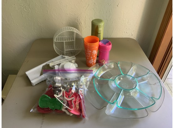 Misc. Kitchen: Plastic Trays, Mandoline, Drinking Cups,thermos ,Wire Basket,cookie  Cutters