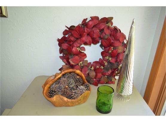 Rosewood Basket, Holiday Wreath, Mercury Glass Tree,