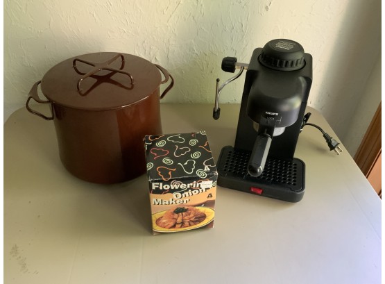 Kitchen Items: Krups Espresso Machine, Dansk Oven Pot & Flowering Onion Maker