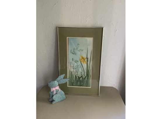 Metal Framed Daffodil Print And Metal Bunny