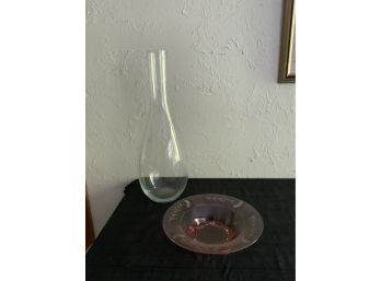 Tall Glass Vase & Vintage Pink Glass Rimed Deep Dish