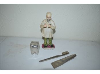 Dentist Figurine With Pewter Toothpaste, Brush, Tooth