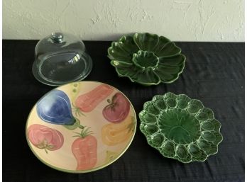 Lot Of Entertaining Items  2- Vintage Serving Platters Signed / Cemar , Cover Cake Plate & Lg Bowl