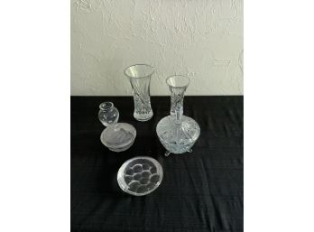 Lot Of Crystal: 2- Covered Compote/ Candy Dish,4- Crystal Vases, 1- Nut/ Candy Dish