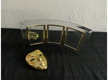 Glass Triple Picture Frame And Ceramic Gold Mask