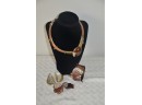 (#100) Costume Necklace, Bangle Bracelet, 2 Pairs Clip On Earrings