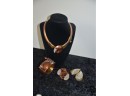 (#100) Costume Necklace, Bangle Bracelet, 2 Pairs Clip On Earrings