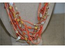 (#179B) Chico Necklace With Matching Bracelet Rust Coral Beads Gold Tone 12' Adjustable Chain