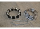 (#112) Lot Of 3 Bracelets: 1- Black Stone Elastic 2- Glass Stone Silver Tone Clip Clasp 3- Rhine Stone