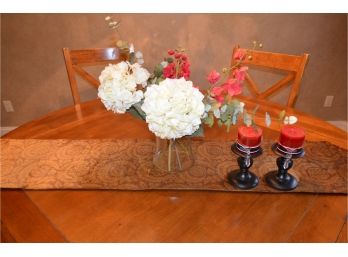 Table Runner, Candle Holder, Vase With Flowers
