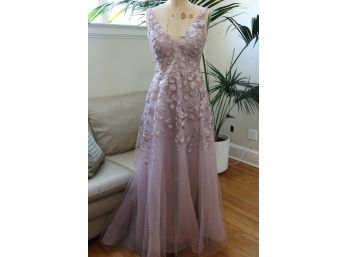 Jovani Orchid Color Ethereal Sheer Pin Dot Tulle Gown With Gold Threaded Rosettes Size 8 -shippable