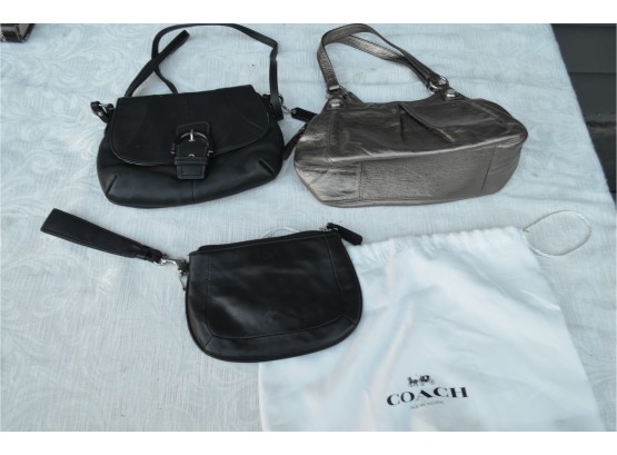 (#67) 3 Coach Handbags, Wristlet, Crossbody And With Duster, Pewter Handbag