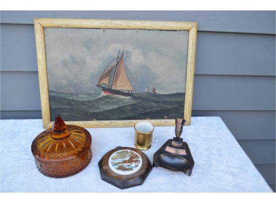 (#11) Vintage Framed Picture, Amber Covered Dish, Copper Ash Tray