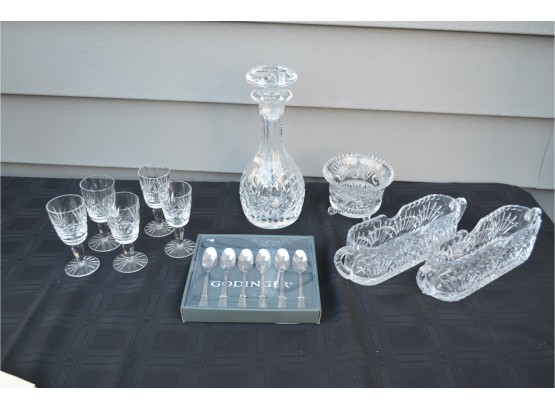 (#19) Crystal Decanter (slight Chip On Top), Godiner Dessert Spoons, Shot Glasses, Glass Flatware Holder